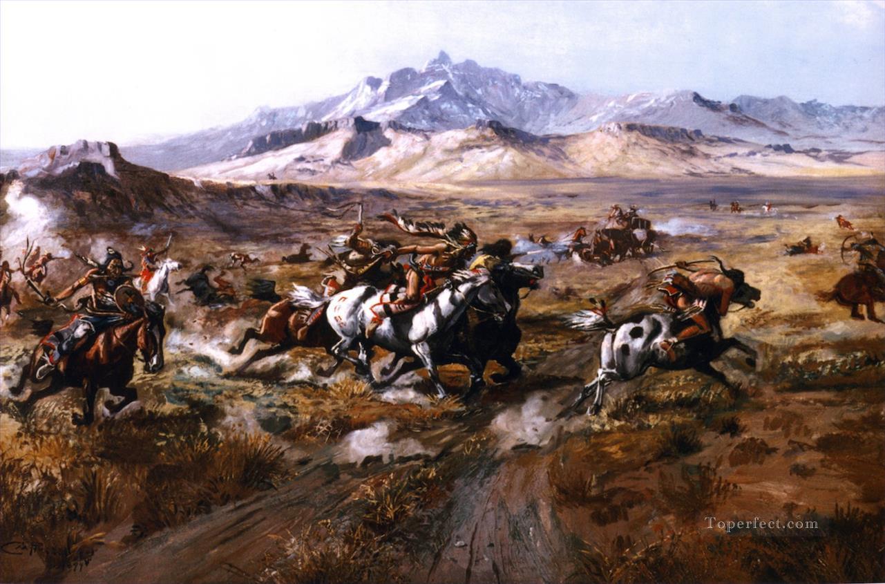attaque par autocar 1899 Charles Marion Russell Amérindiens Peintures à l'huile